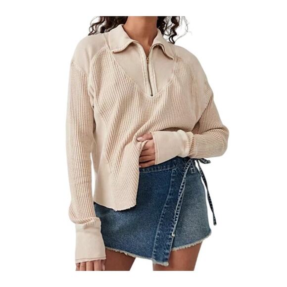 Free People Women's Sand Ashton Thermal Zip Neck Shirt Size XL NEW
